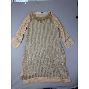 Agha Noor Women‎ M Gold Sequin Floral Embroidered Kurta Tunic Beige Chiffon